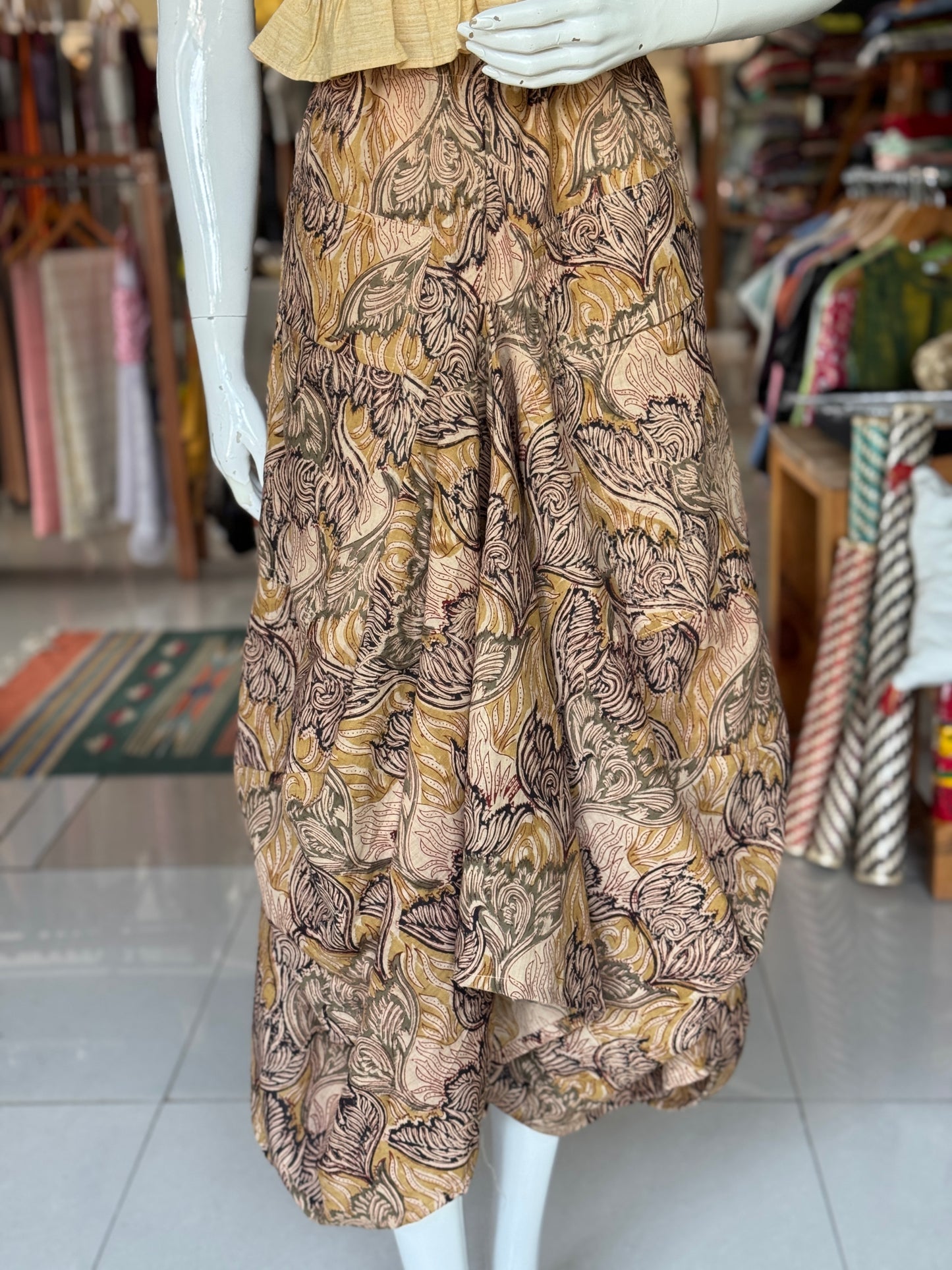 Wild flower beige Kalamkari hand block printed cotton designer skirt - with pockets