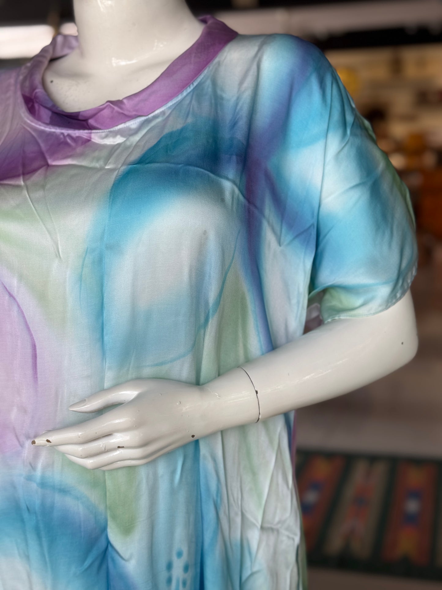 Blue, green and pink modal satin collared handpainted kaftan style free size dress