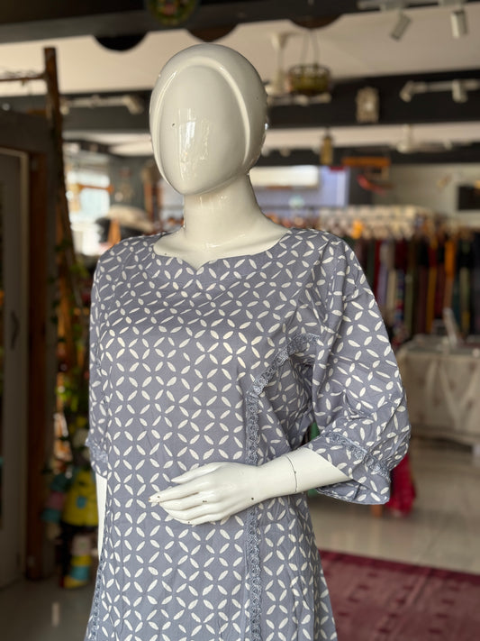 Grey hand block printed cotton A-line dress / kurti with lace details