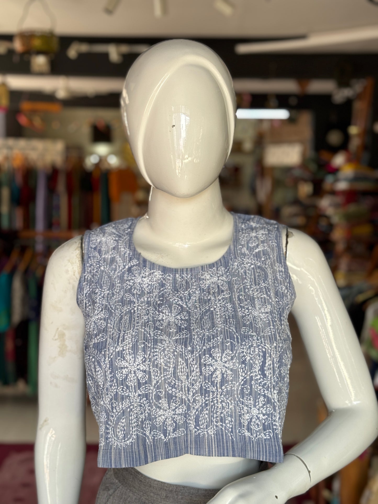 Blue sleeveless Crop top / blouse - Chikankari hand embroidered handwoven cotton