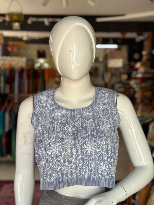 Blue sleeveless Crop top / blouse -  Chikankari hand embroidered handwoven cotton
