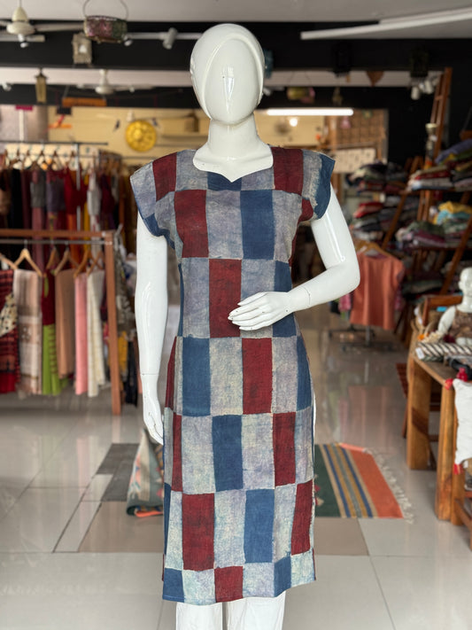 Indigo maroon rectangles Ajrakh hand block printed cotton straight kurti