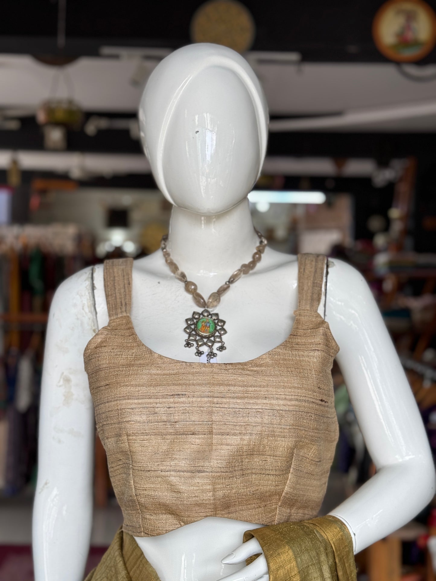 Ghicha tussar silk handwoven natural shade sleeveless blouse