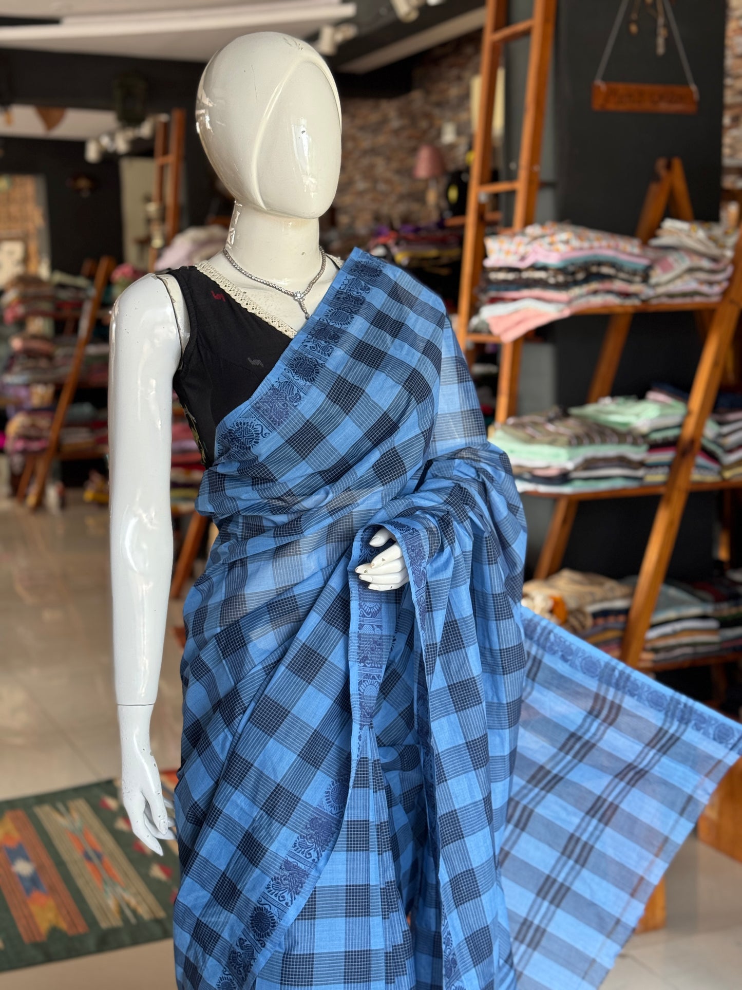 Shades of blue checks Chettinad cotton handloom saree