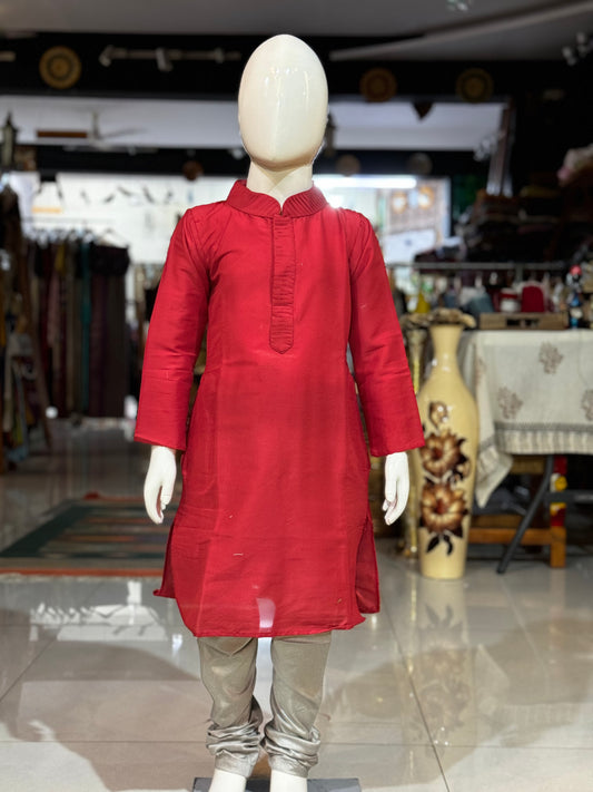 Red long kurta, silver chudidhar pants - 2 piece ethnic set for boys