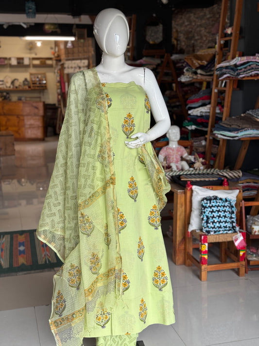 Light n bright green hand block printed cotton 3 piece unstitched suit set with kota doria dupatta