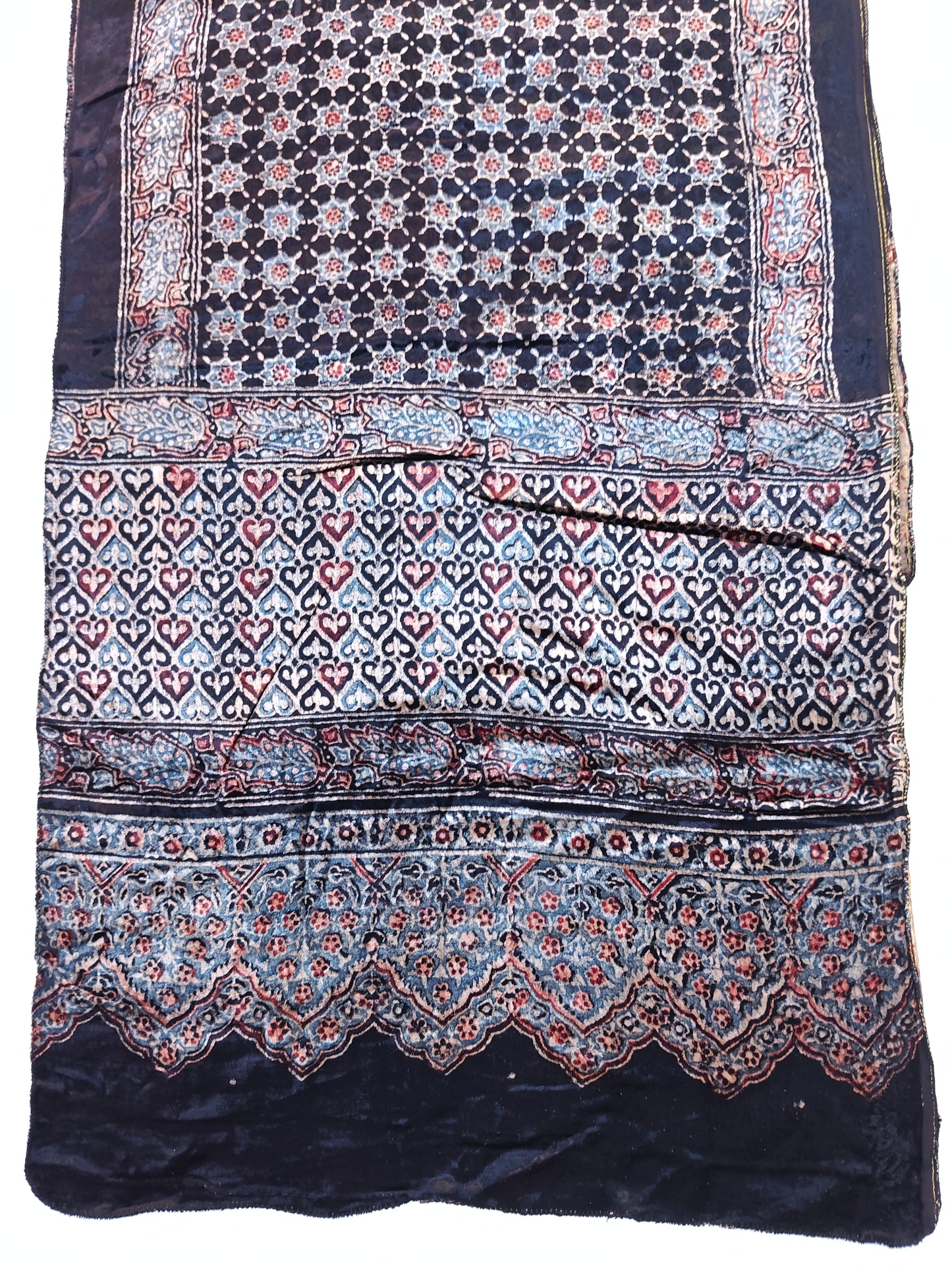 Black stars and hearts print velvet stole with hand block Ajrakh prints