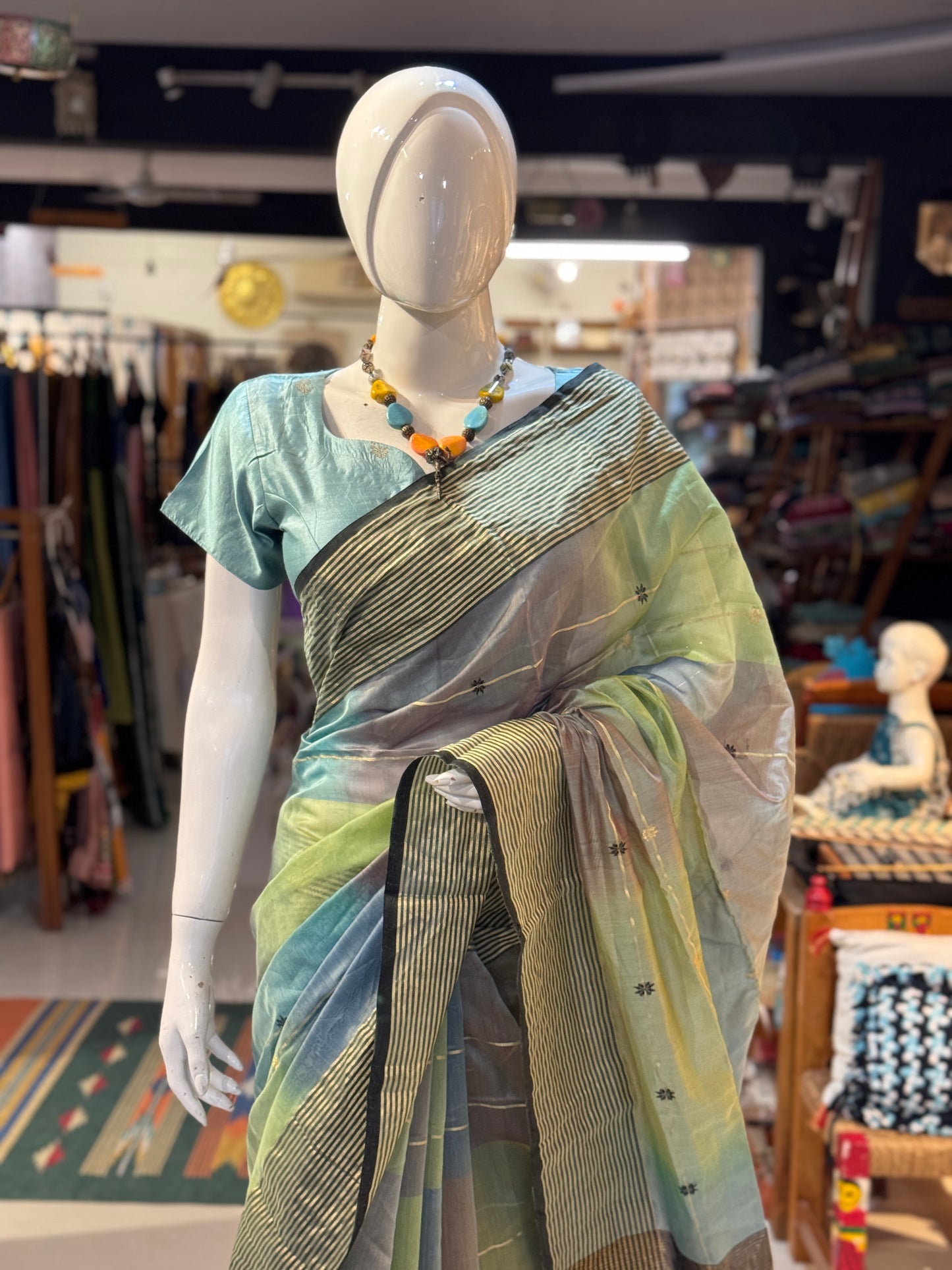 Multi color star buti stripes silk cotton Maheshwari handloom saree