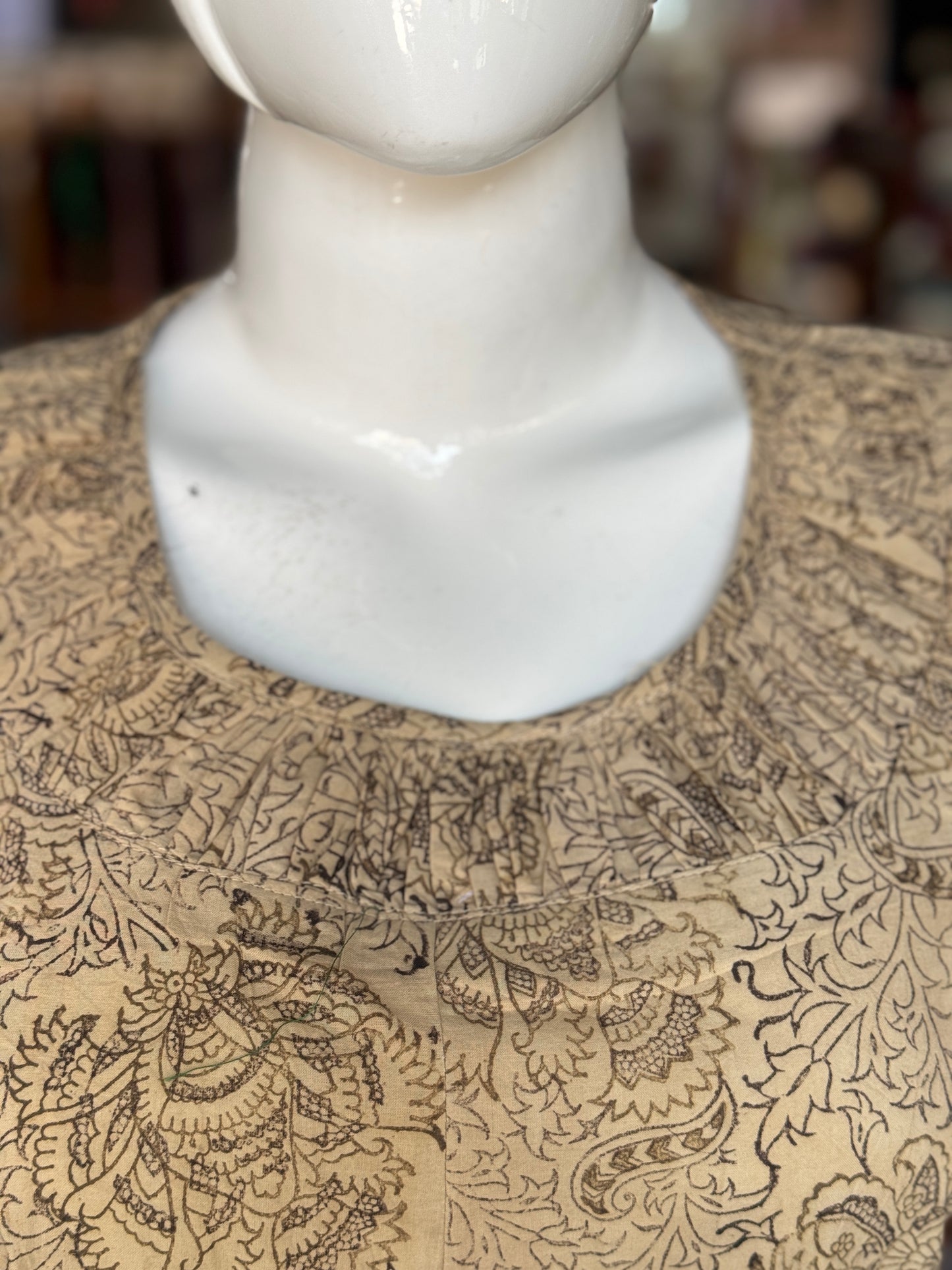 Kalamkari hand block printed cotton straight kurti with fancy neckline