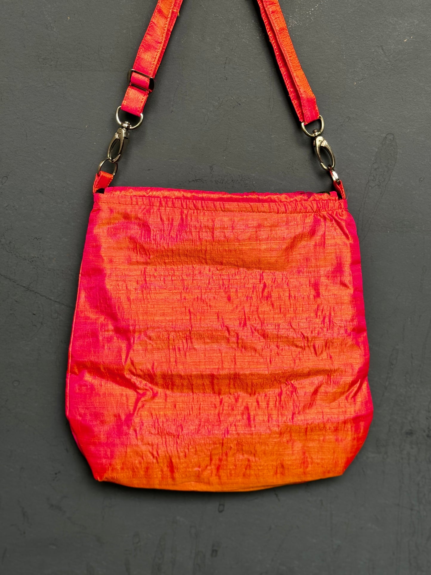 Light weight fabric bag with colourful hand embroidery - adjustable length sling bag