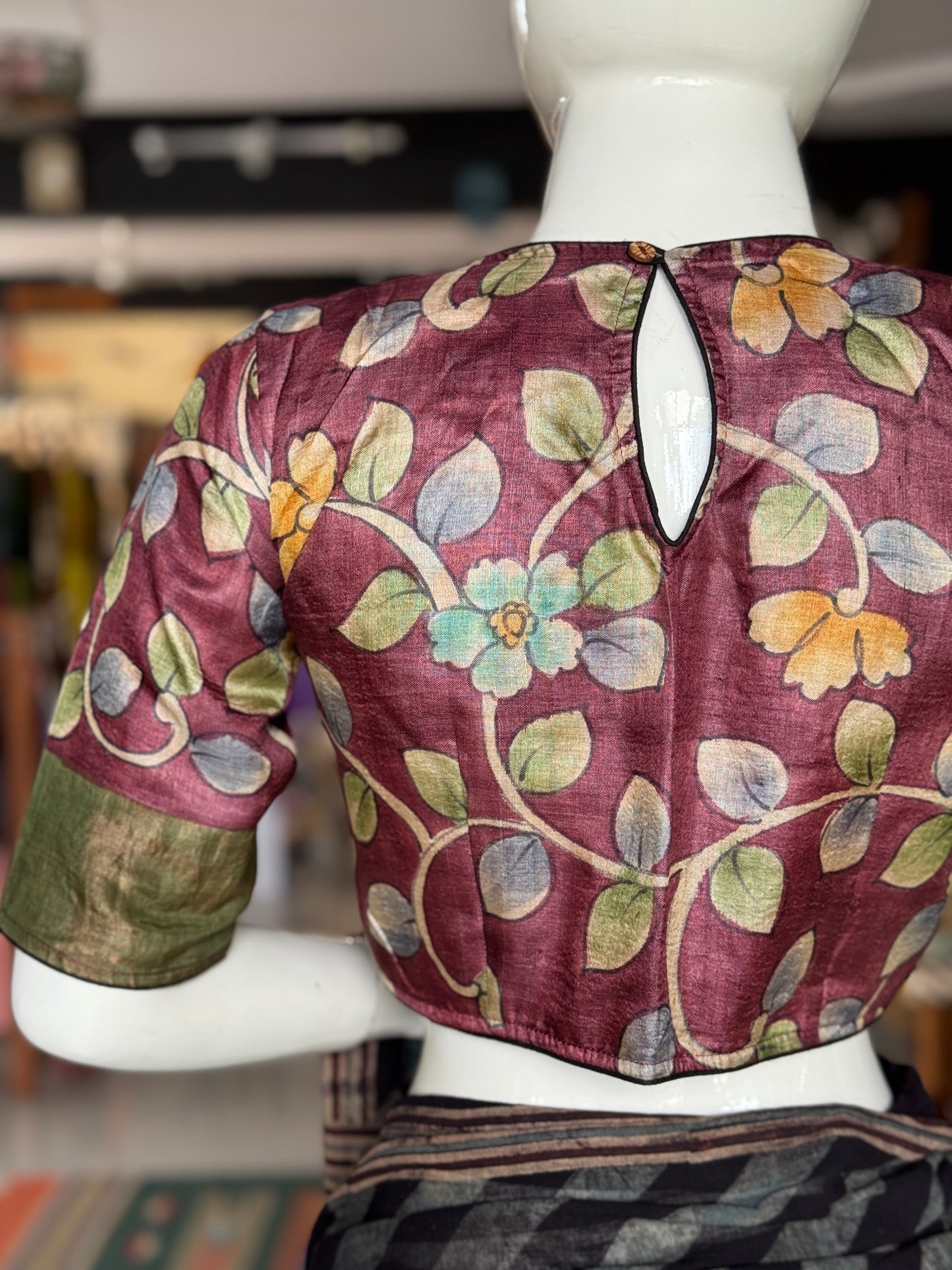 Wine tone leaves hand painted gachi tussar silk blouse