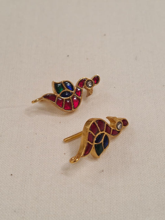 Birds silver ear hooks in Pink and green stones