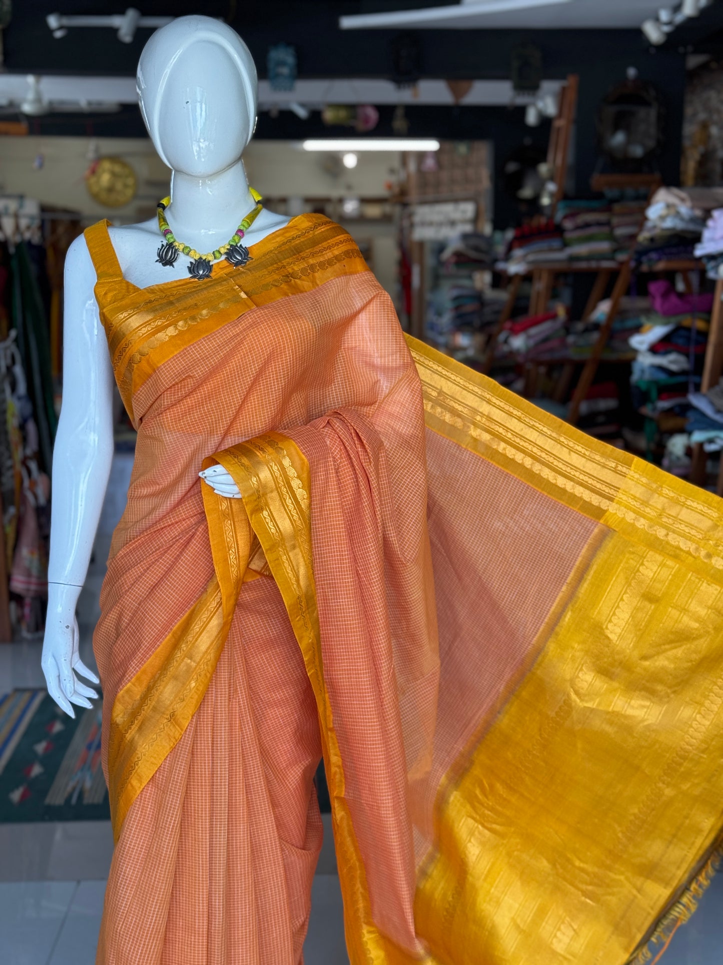 Kanakambar peach checks body with yellow border - handwoven Gadwal cotton saree with silk Pallu and borders