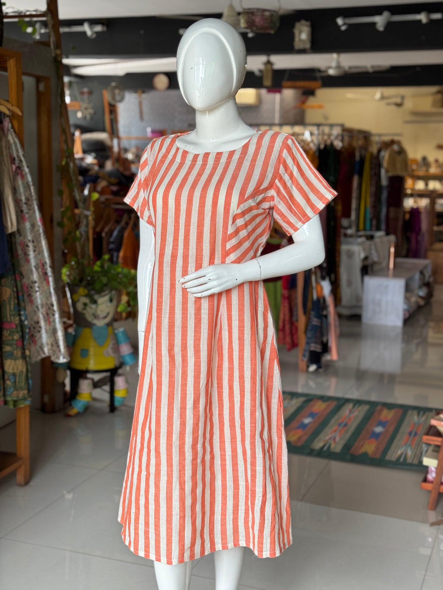 Orange and white stripes kala cotton, handwoven princess cut dress