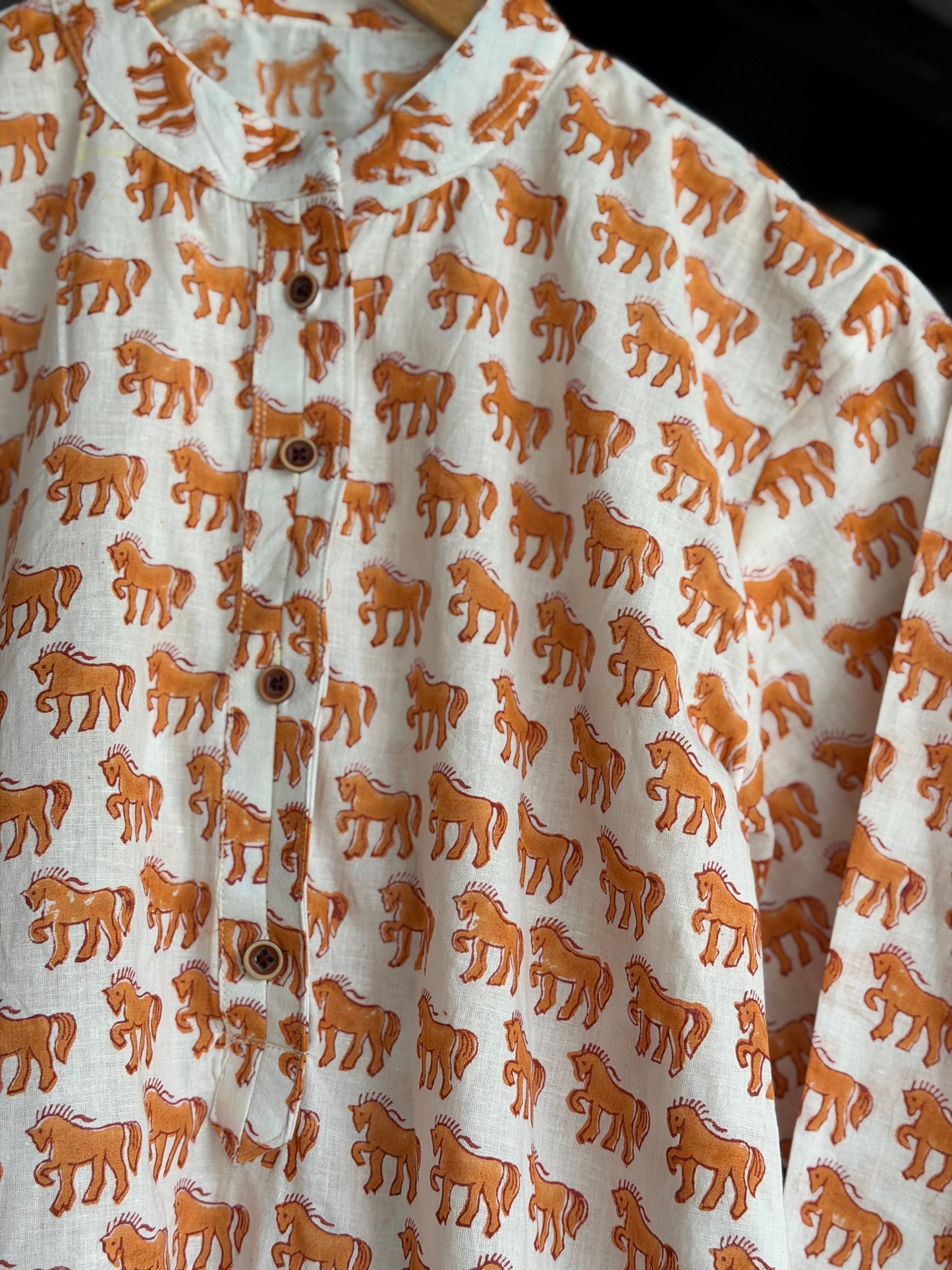 White and orange horse design hand block printed long cotton kurta for boys