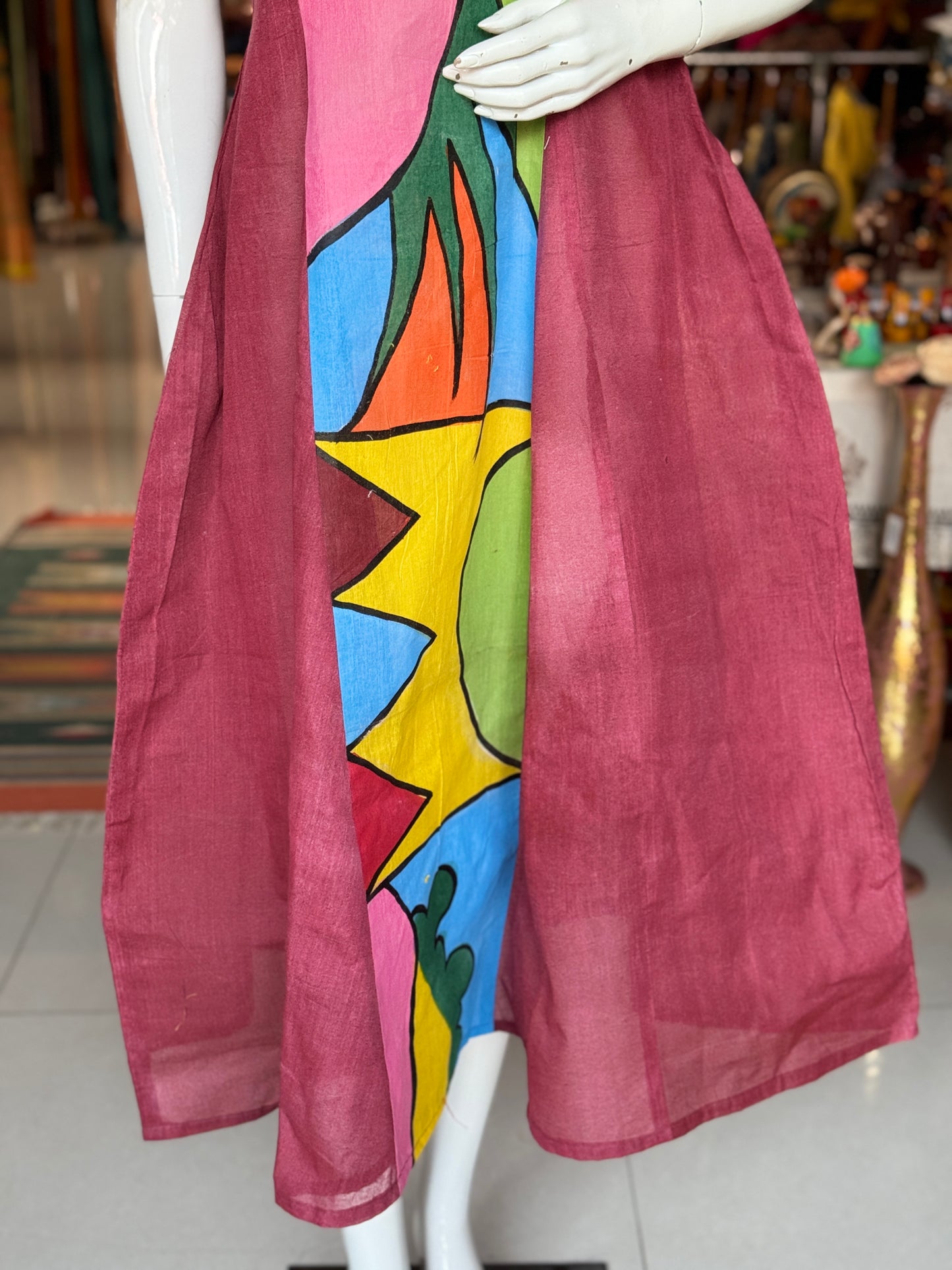 Maroon hand painted colorful center panel cotton A-line dress
