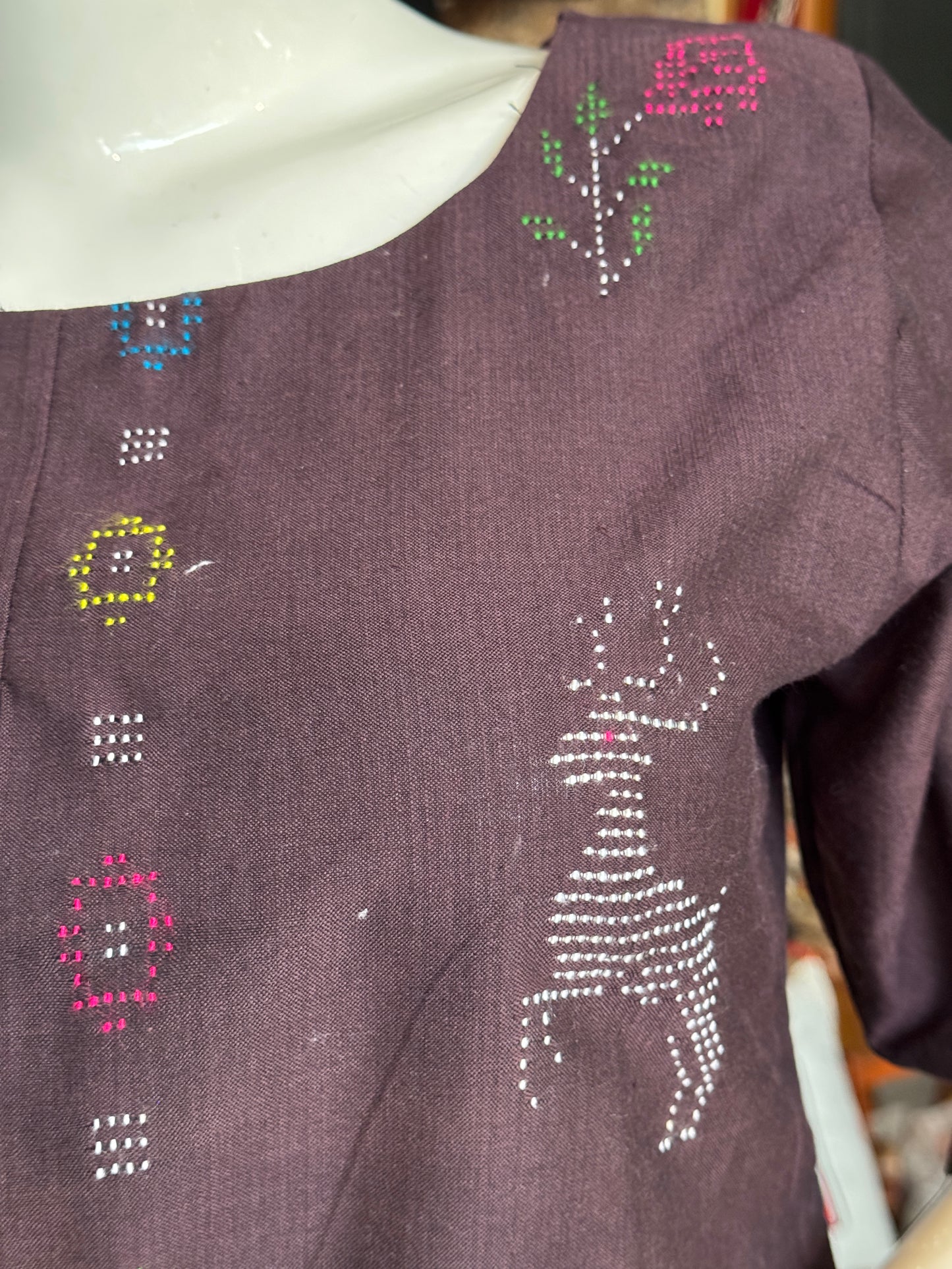 Tangaliya handloom brown cotton top with rose n deer motifs