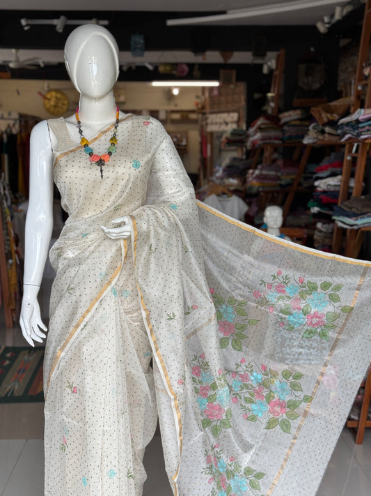 Off white with gold polka dots hand block print and flowers hand painted silk cotton saree