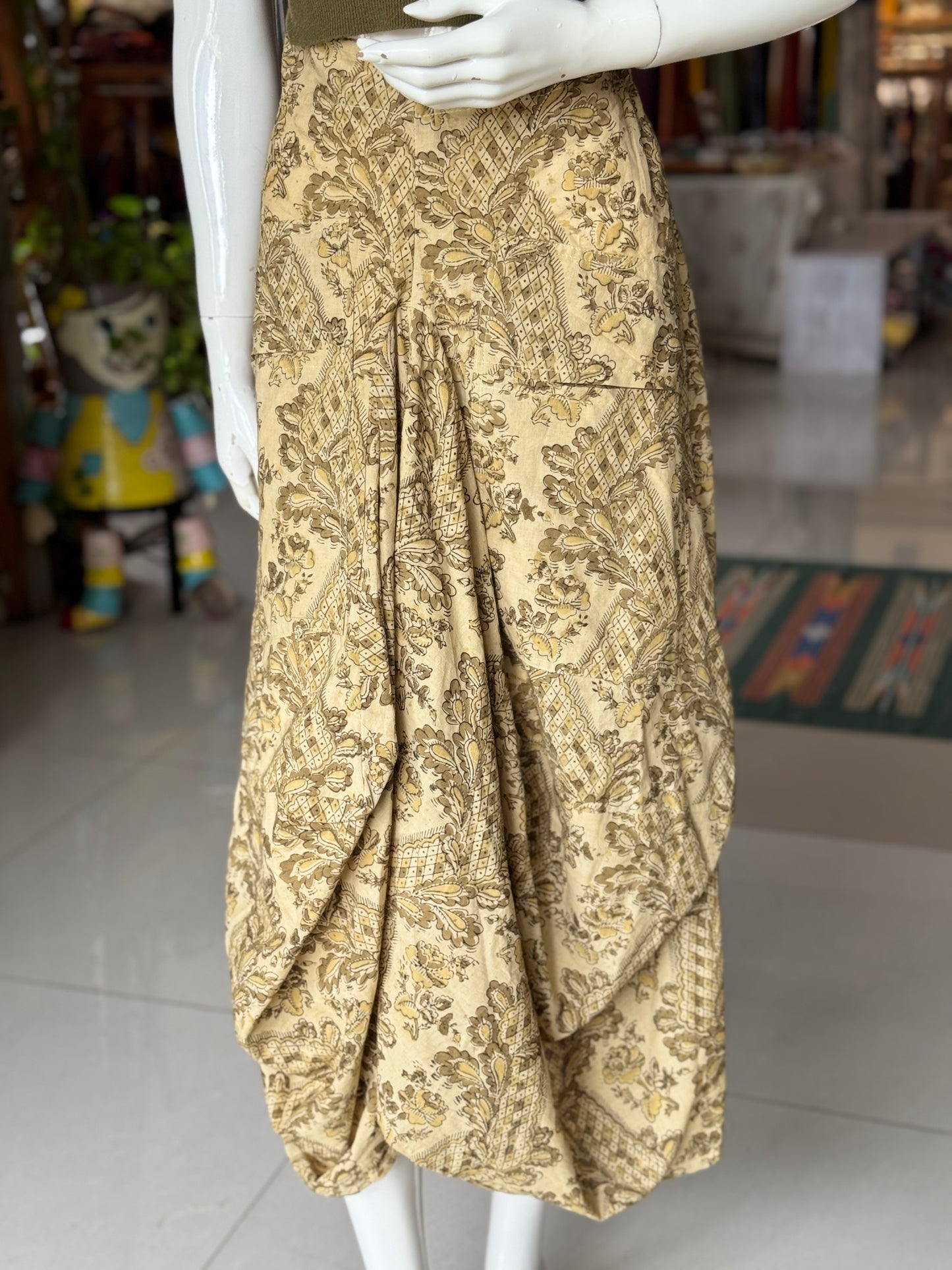 Olive green on beige Kalamkari hand block printed cotton designer skirt - with pockets