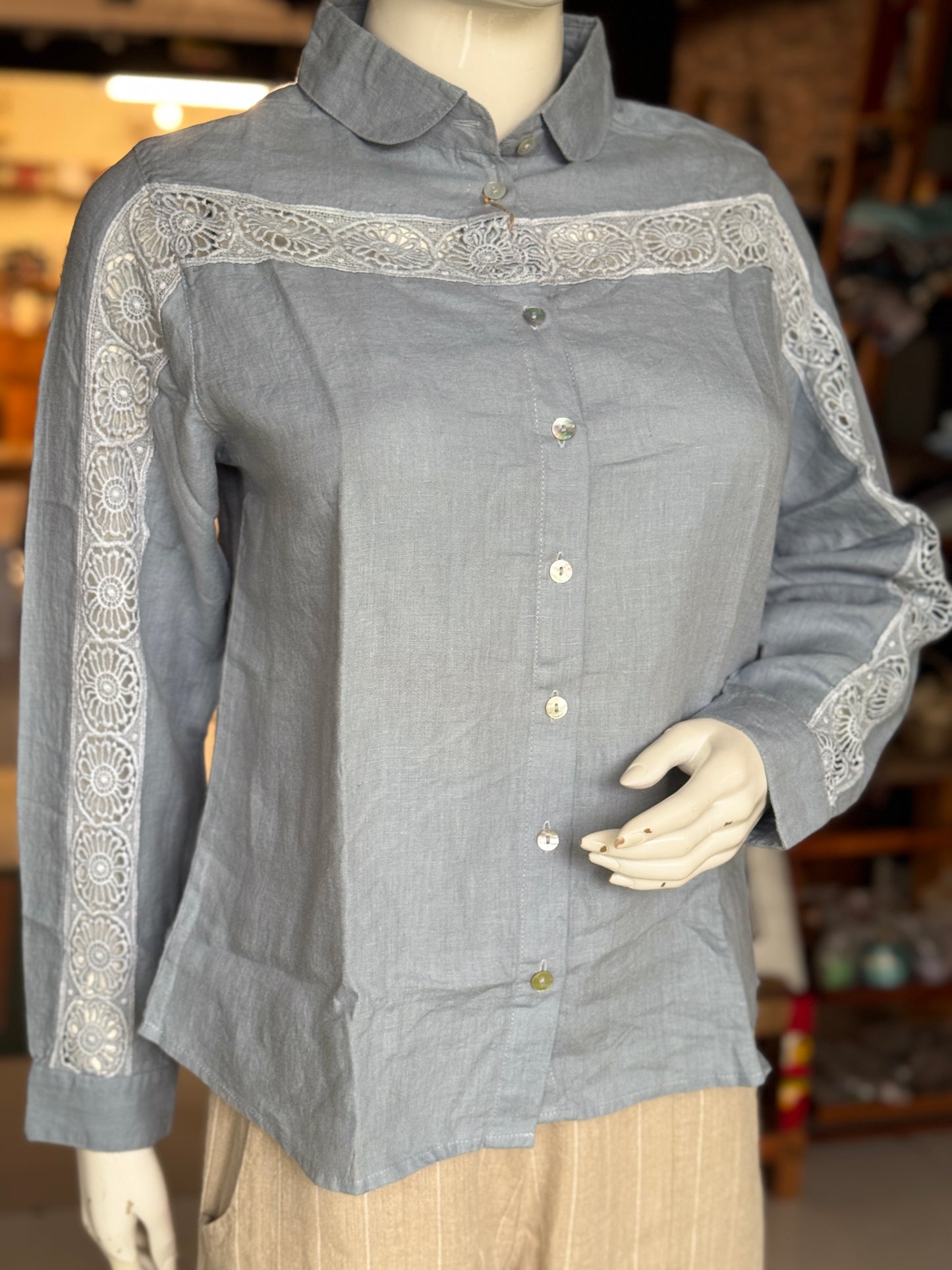 Linen hand woven full sleeves shirt for women with lace detailing