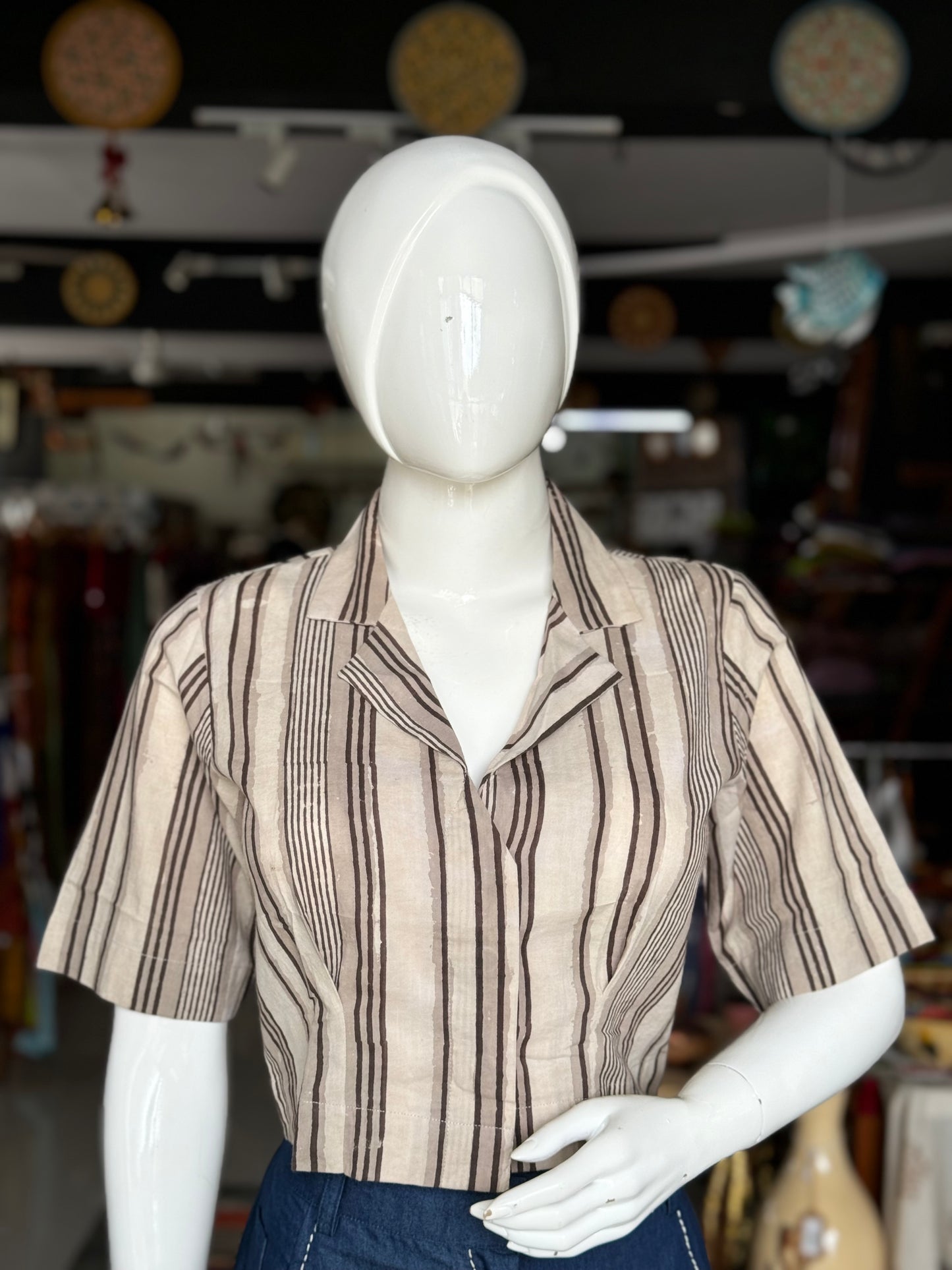 Stripes cotton hand block printed cropped shirt