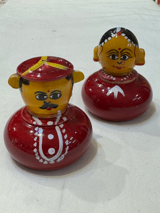 Male and female pair shaped haldi / KumKum container pair - Etikoppaka Wooden handcrafted decor