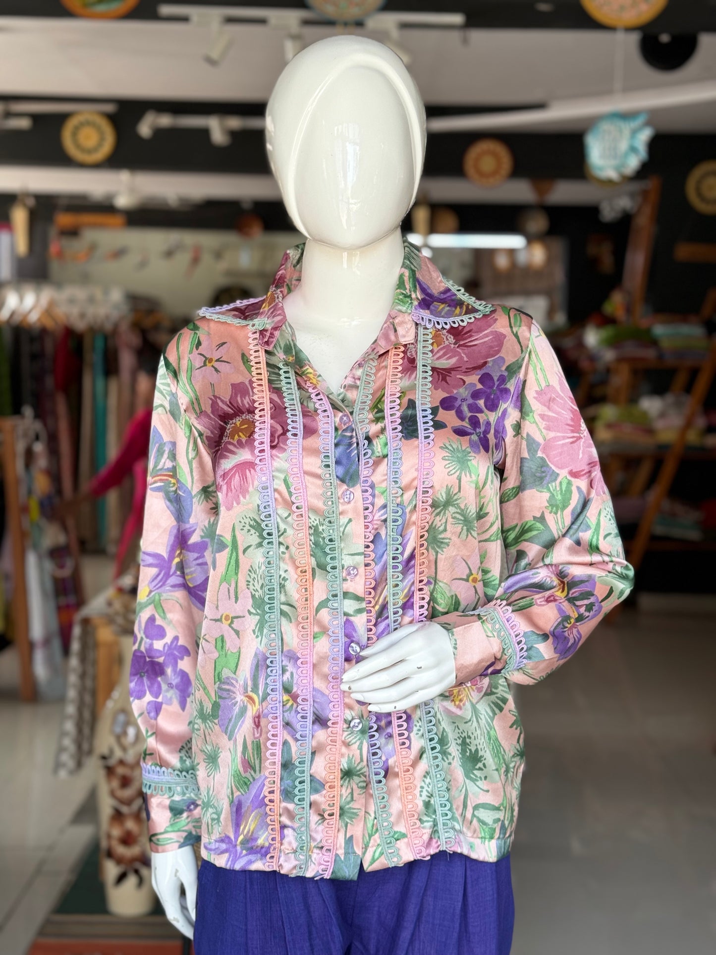 Satin floral full sleeves Women’s shirt with pastel ombré lace