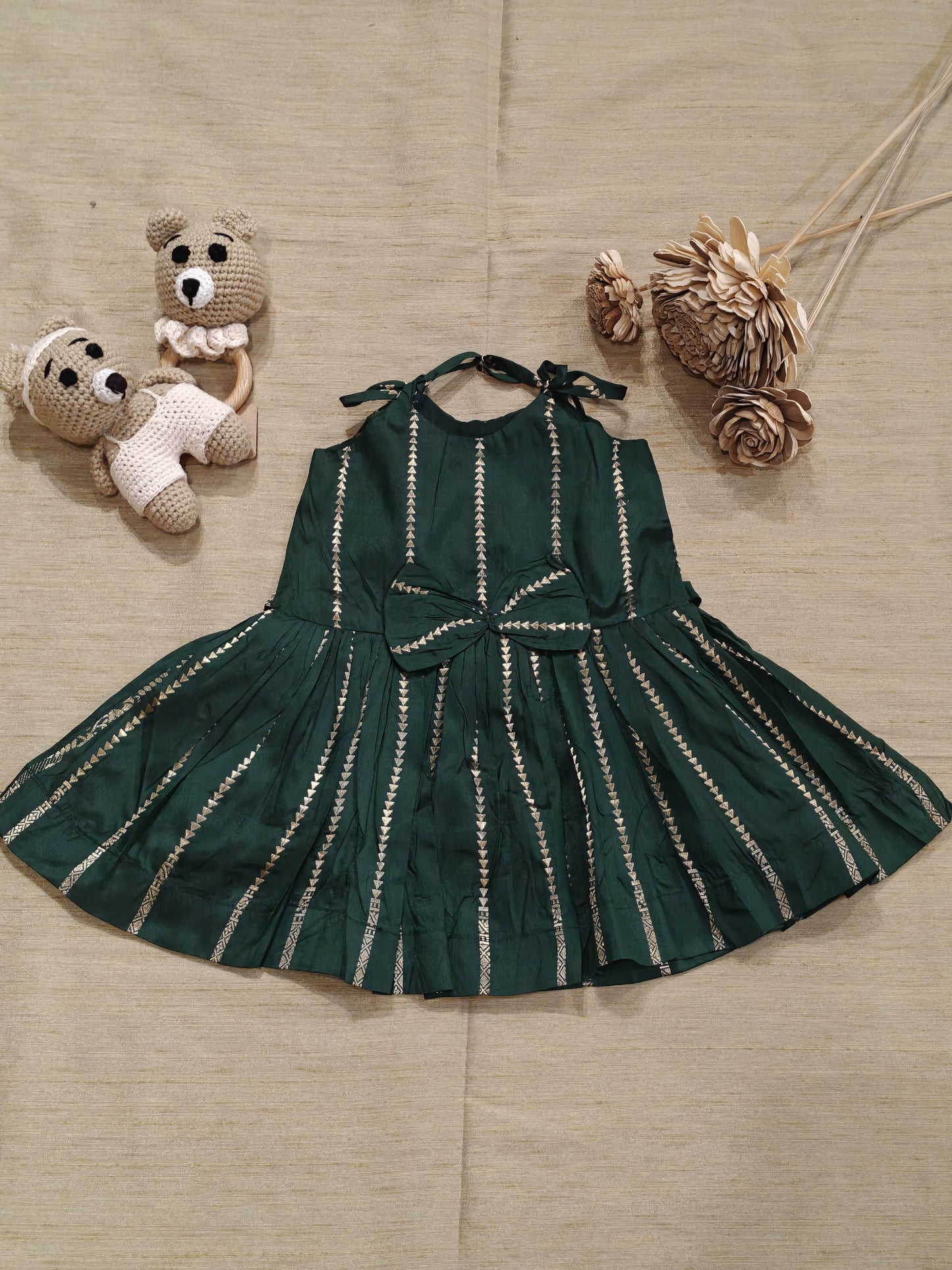 Bottle green pure silk hand woven frock for baby girl with Zari stripes