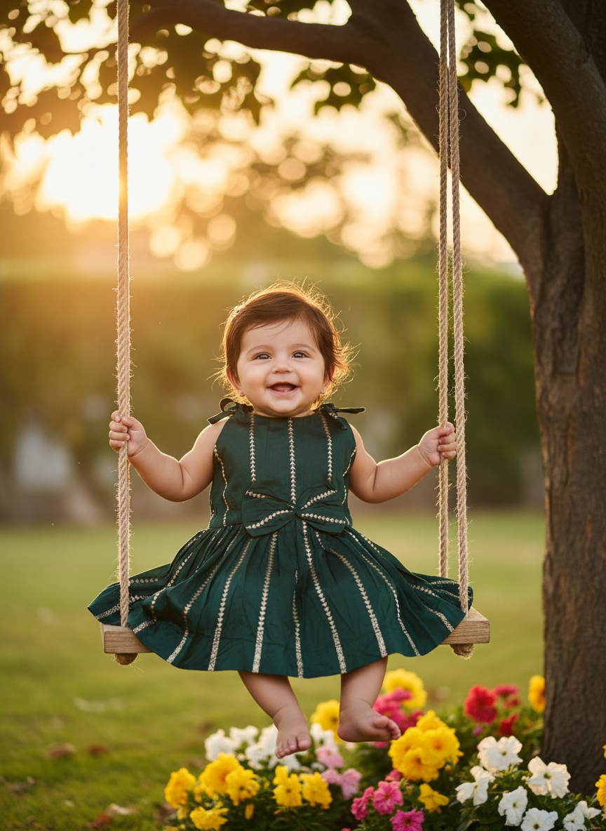 Bottle green pure silk hand woven frock for baby girl with Zari stripes