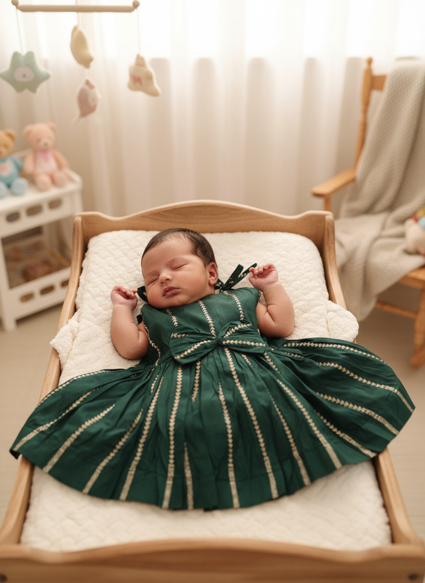 Bottle green pure silk hand woven frock for baby girl with Zari stripes