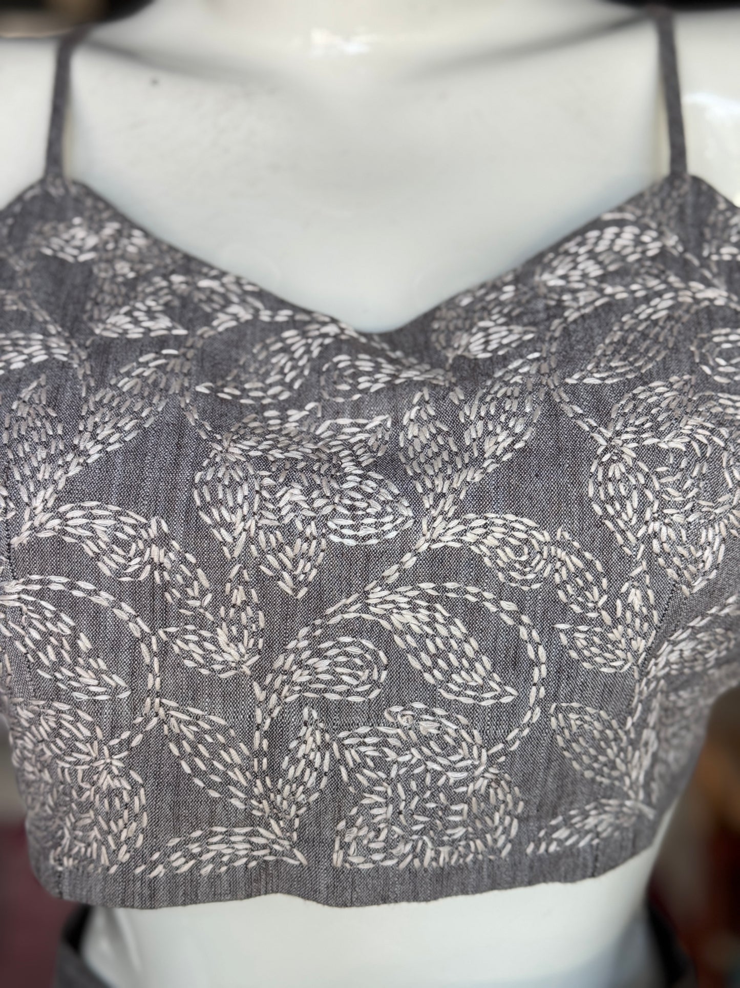 Grey noodle straps Crop top / blouse - Tepchi Chikankari hand embroidered handwoven cotton