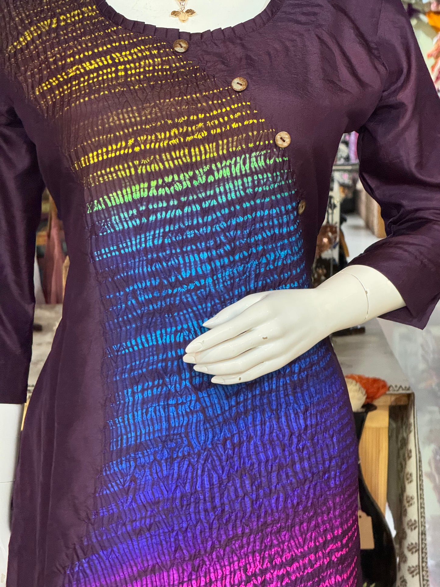 Wine shade mulberry silk multi color shibori designer kurti