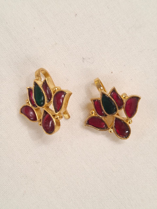 Lotus silver ear hooks / clip ons in sides Pink and centre green stones