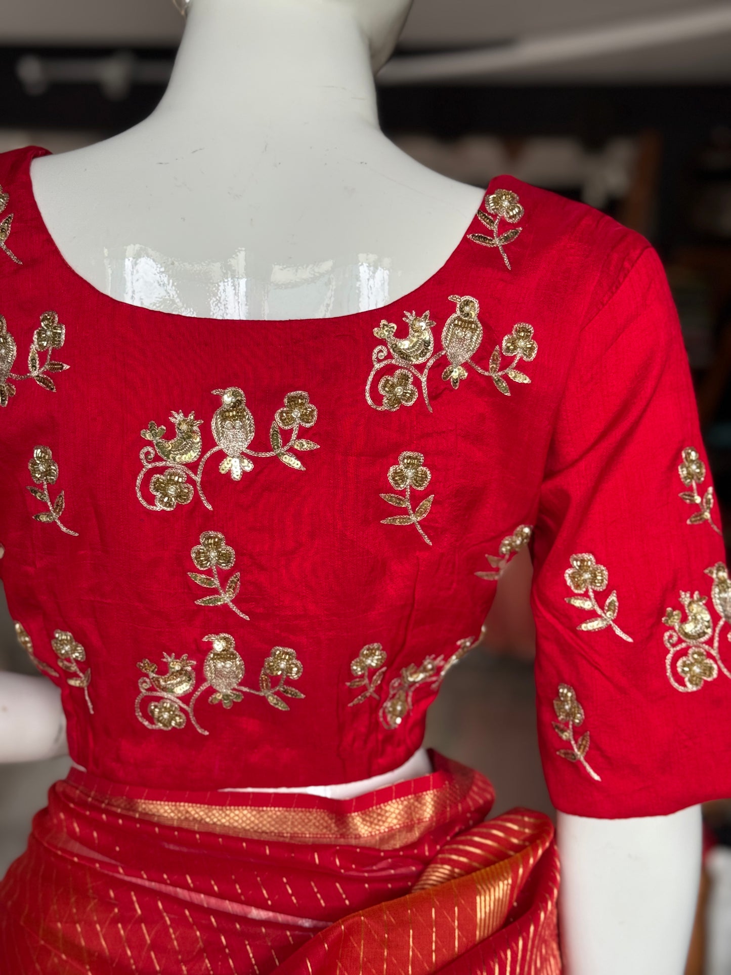 Birds and flowers hand embroidered on back and sleeves red silk blouse