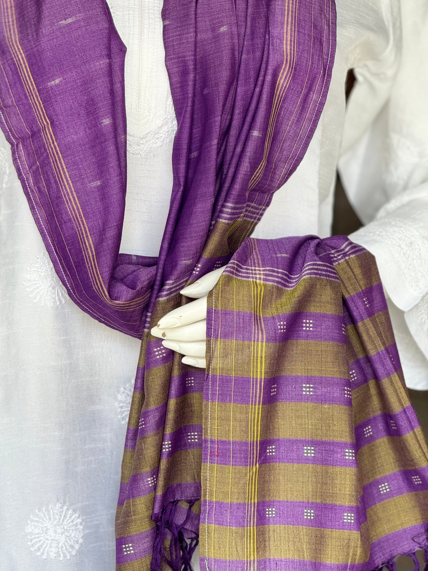 Violet and Olive green cotton handloom ikat stole