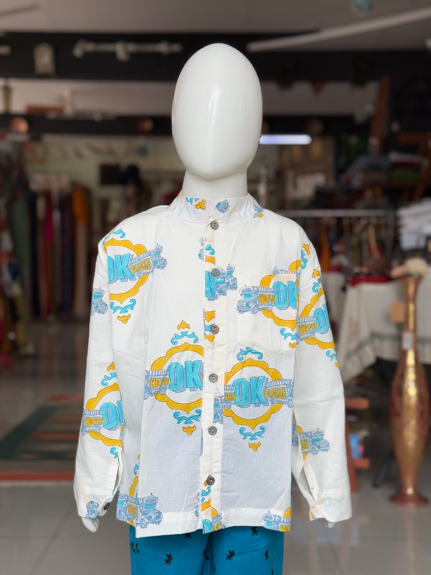 “Horn OK please” quirky hand block print cotton band collared shirt for boys