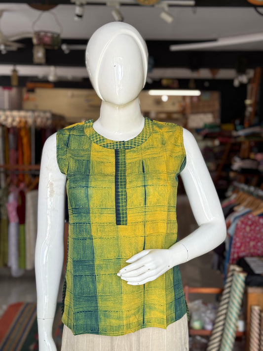 Yellow green needle Shibori tie n dye cotton sleeveless top