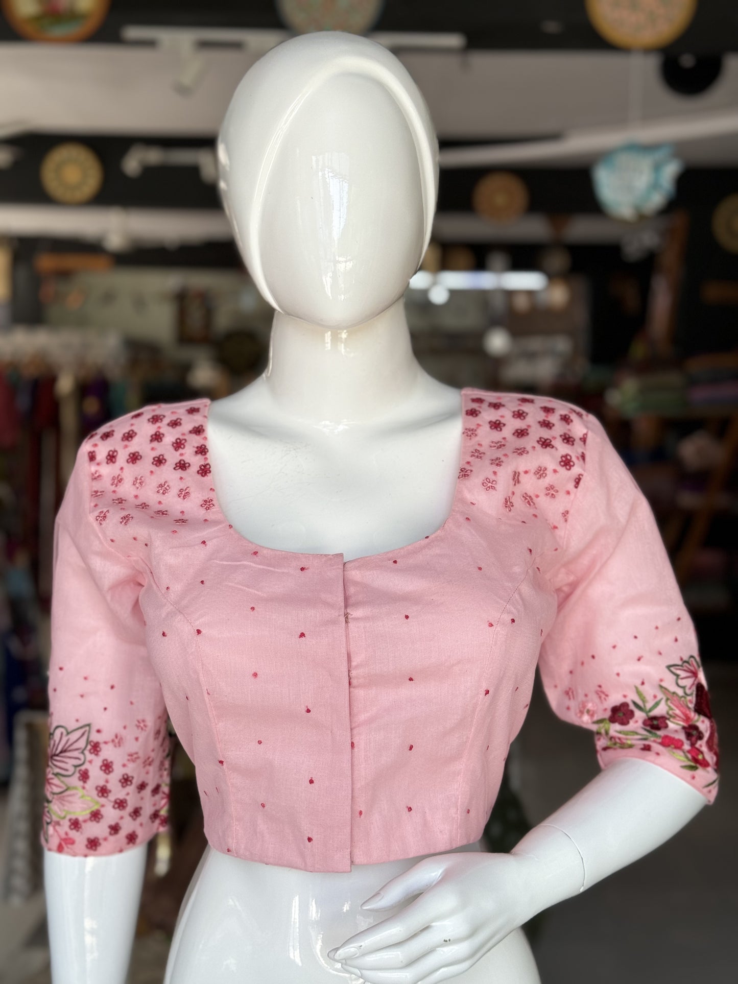 Peachish pink convent embroidery net blouse with elbow sleeves