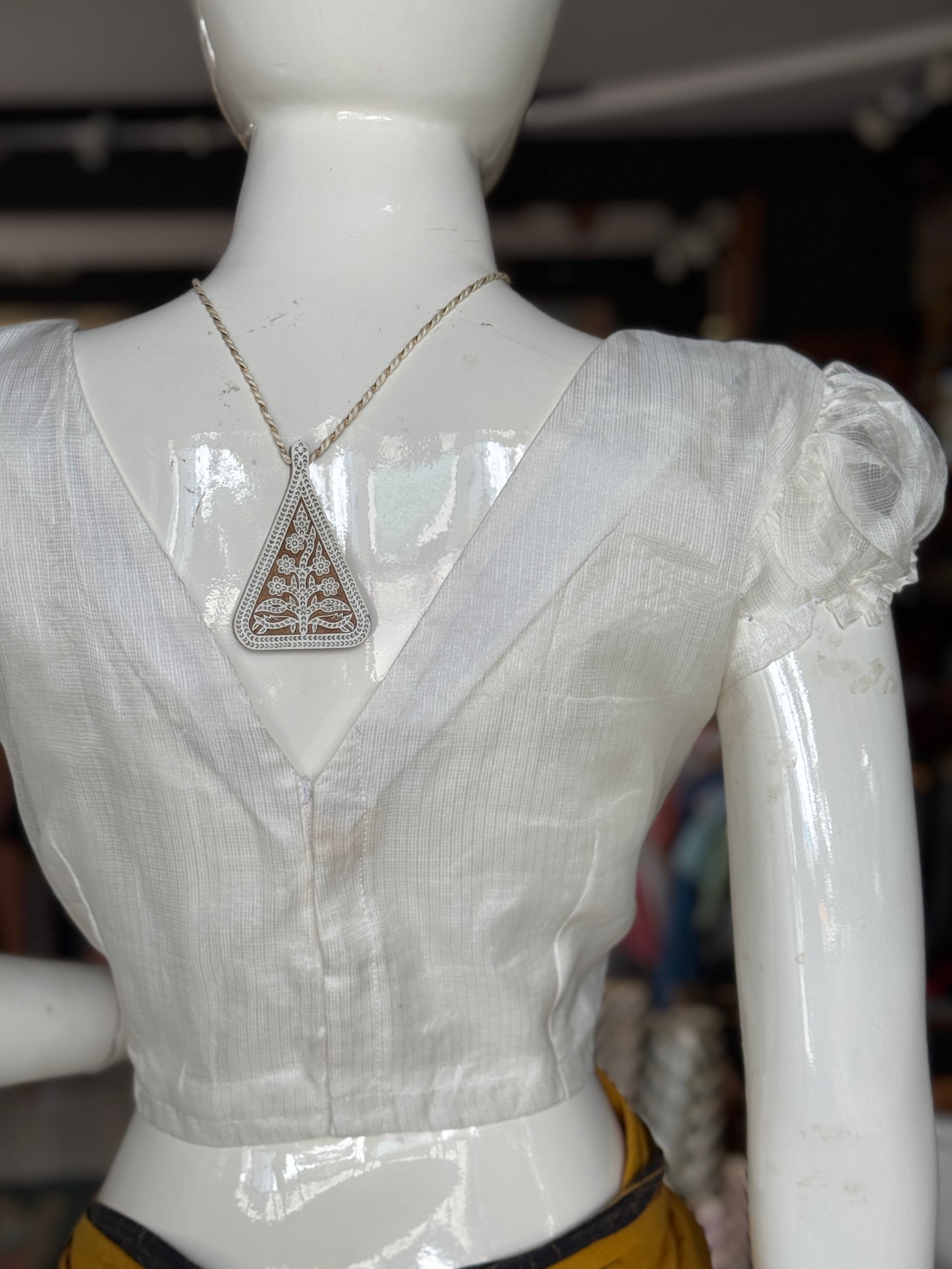 Off White kota silk back open blouse with puff sleeves