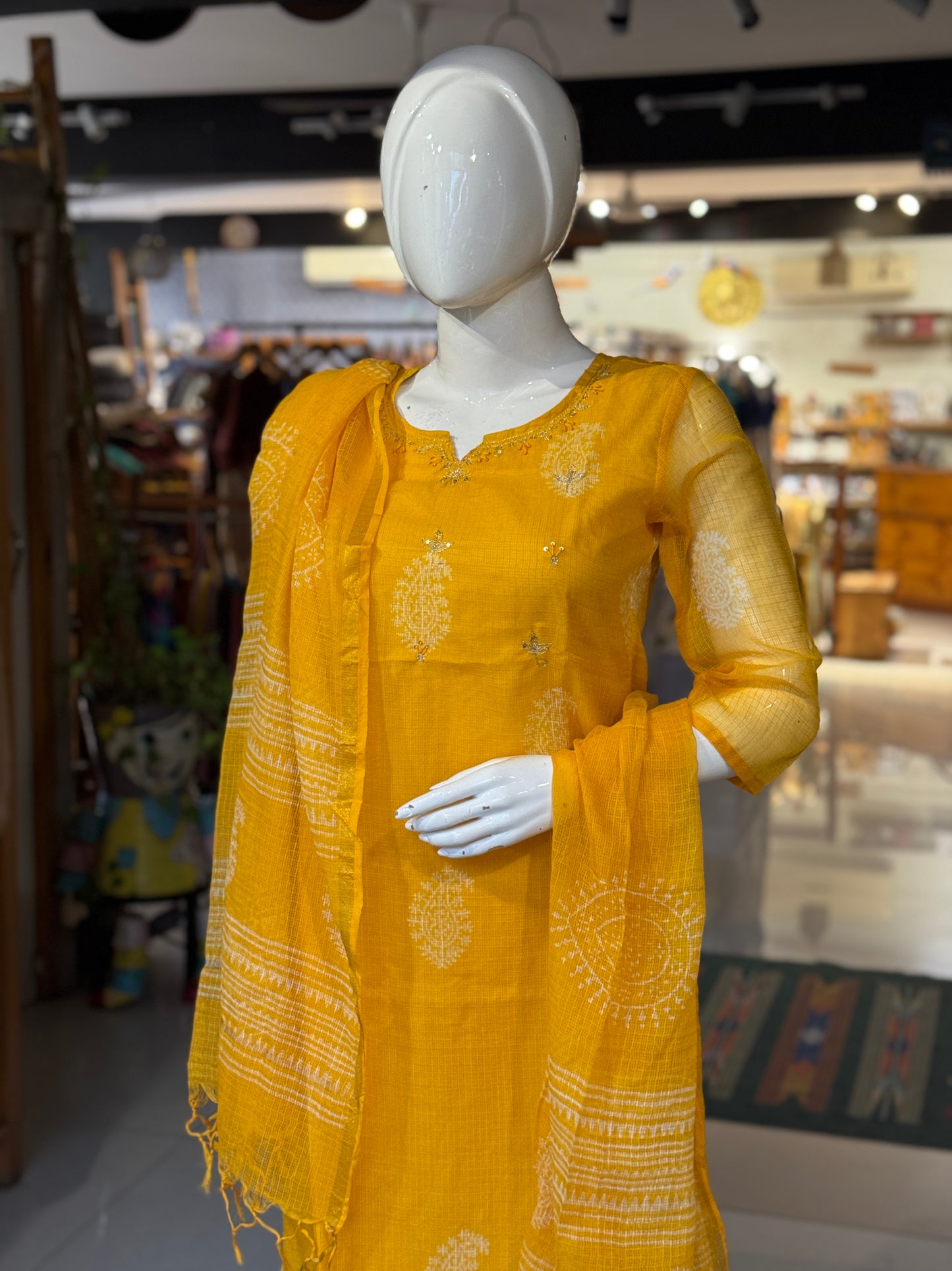 Marigold hand block printed kota cotton straight kurti, pants and dupatta set - with hand embroidery
