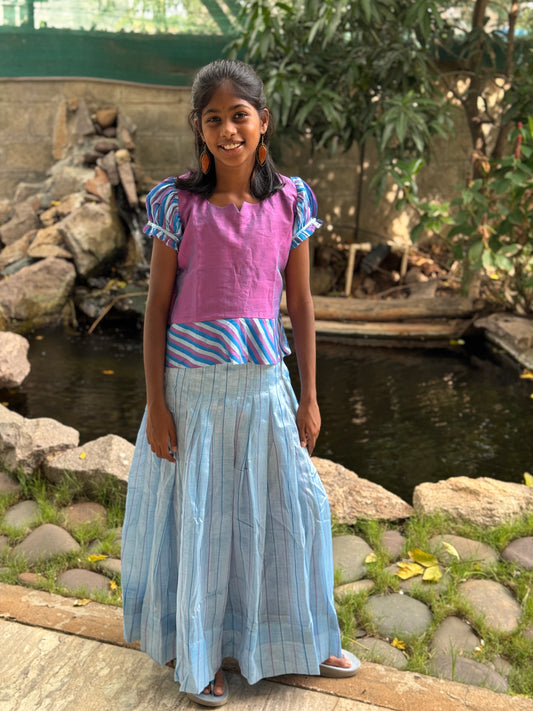 Blue handwoven silk lehenga (pattu langa) with purple puff sleeves top / blouse set