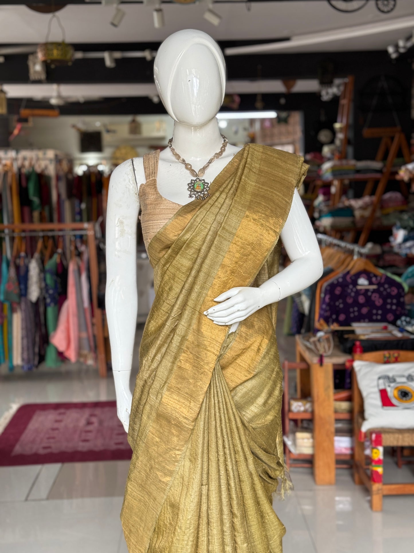Natural haldi and harad dyed green pure tussar silk handloom saree