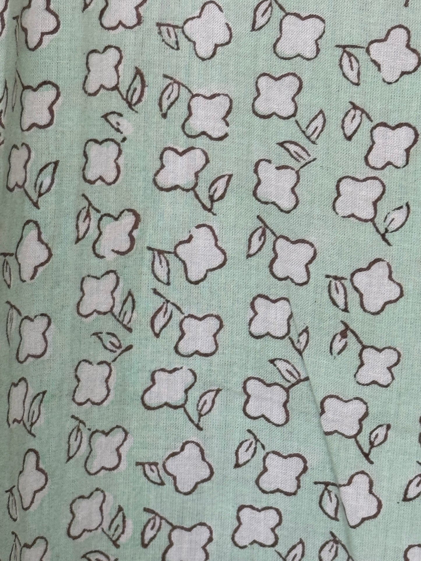 Mint green hand block printed square neck dress with front slit and frill hemline