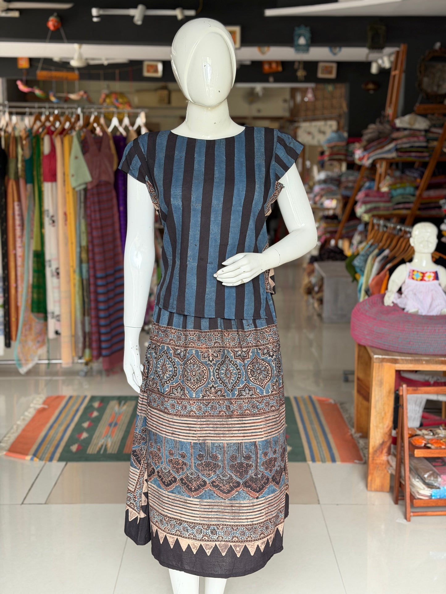 Indigo n black stripes cotton coord set of skirt n top - Ajrakh hand block prints