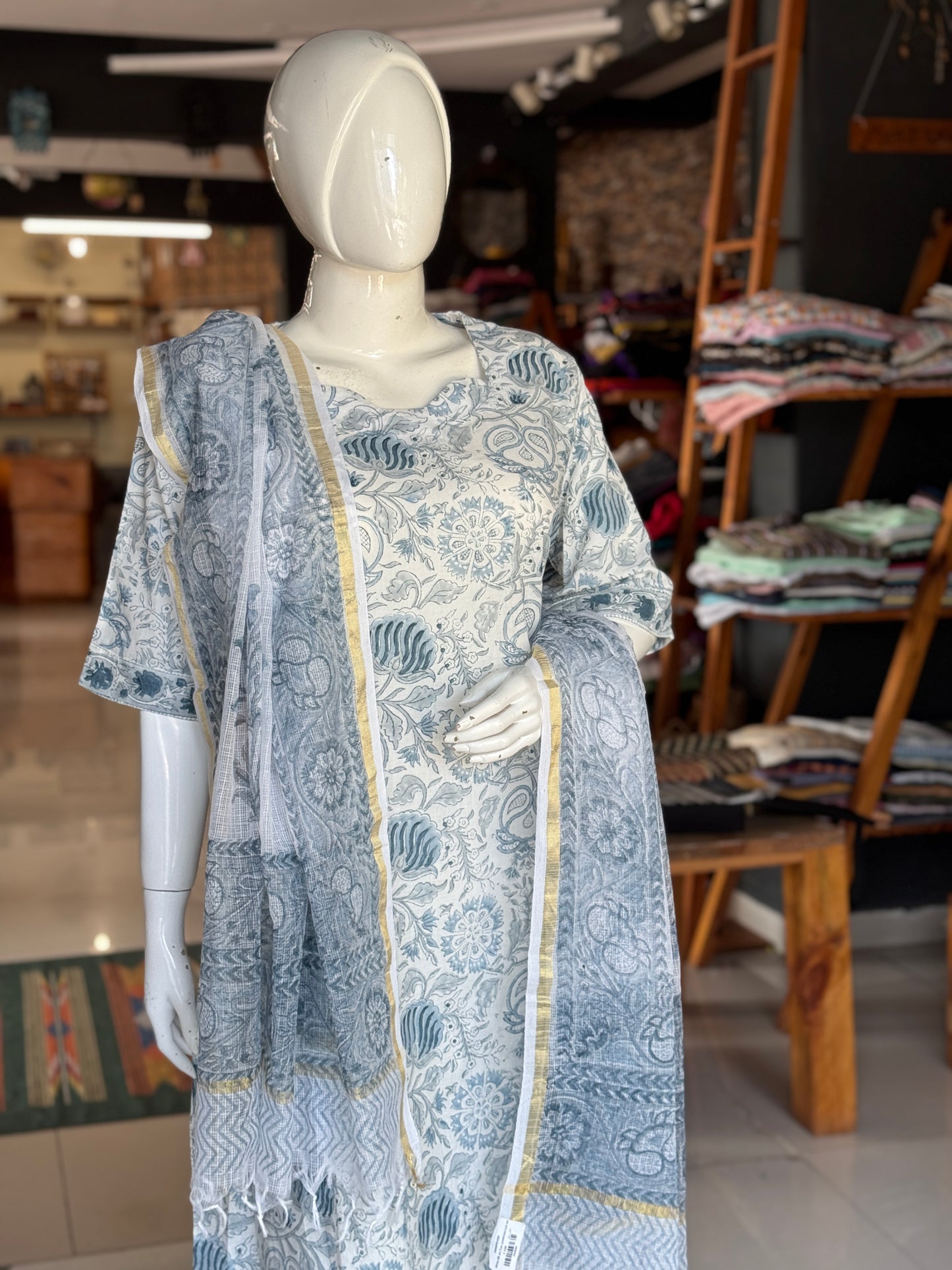 White n blue hand block printed cotton 3 piece a-line kurta suit set with kota doria dupatta