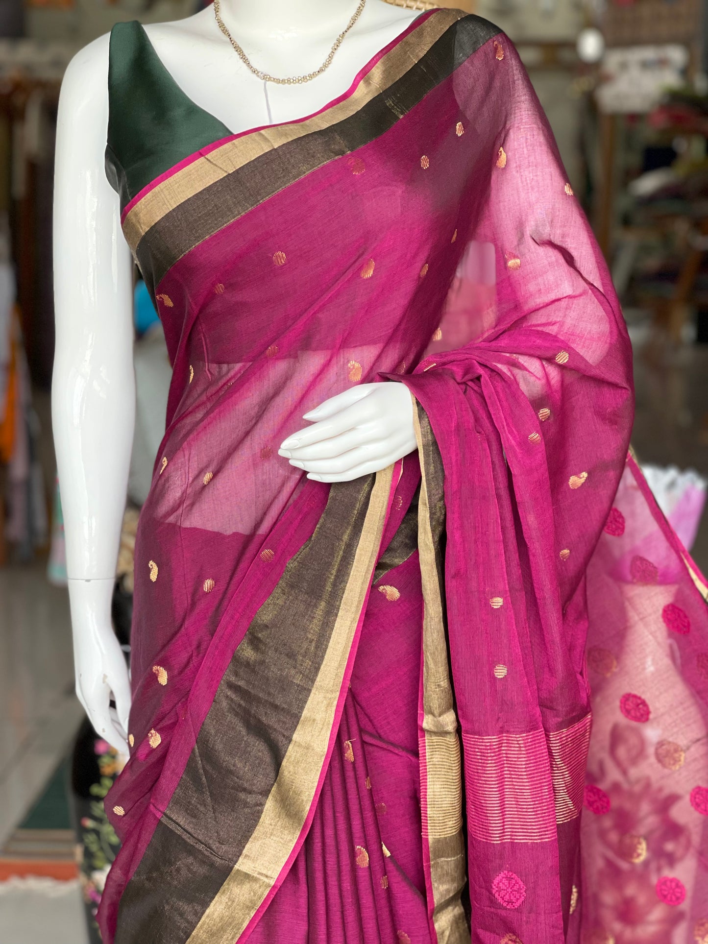 Purple handwoven cotton saree with gold zari coin buti