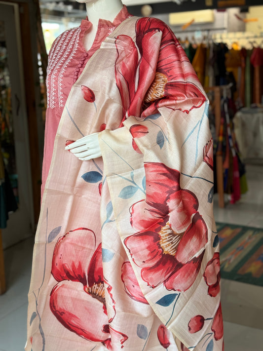 Cream and peach - hand painted tussar silk floral dupatta