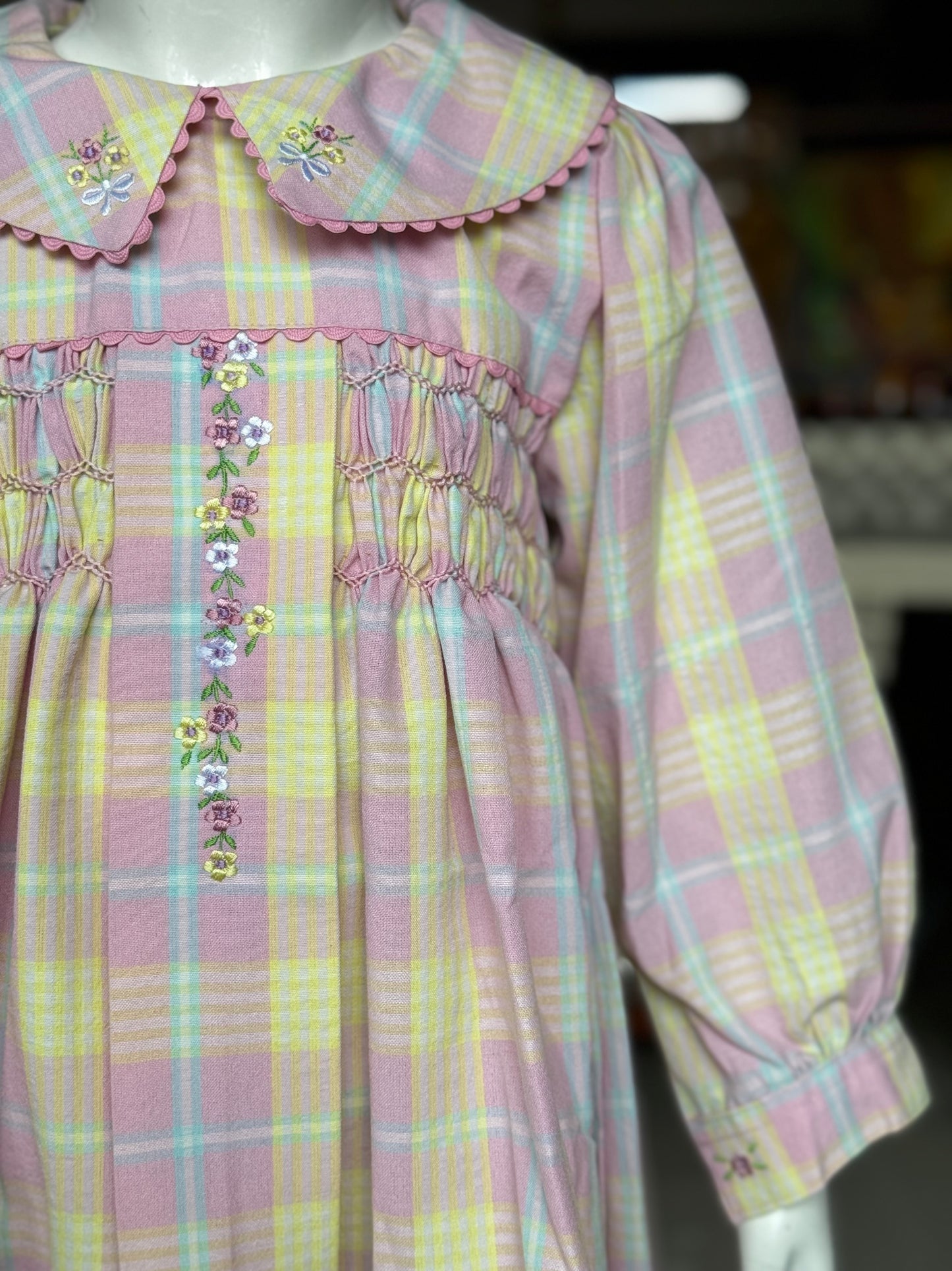 Pink and yellow checks smocking frock with embroidered collar and long sleeves