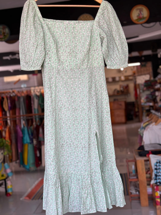 Mint green hand block printed square neck dress with front slit and frill hemline
