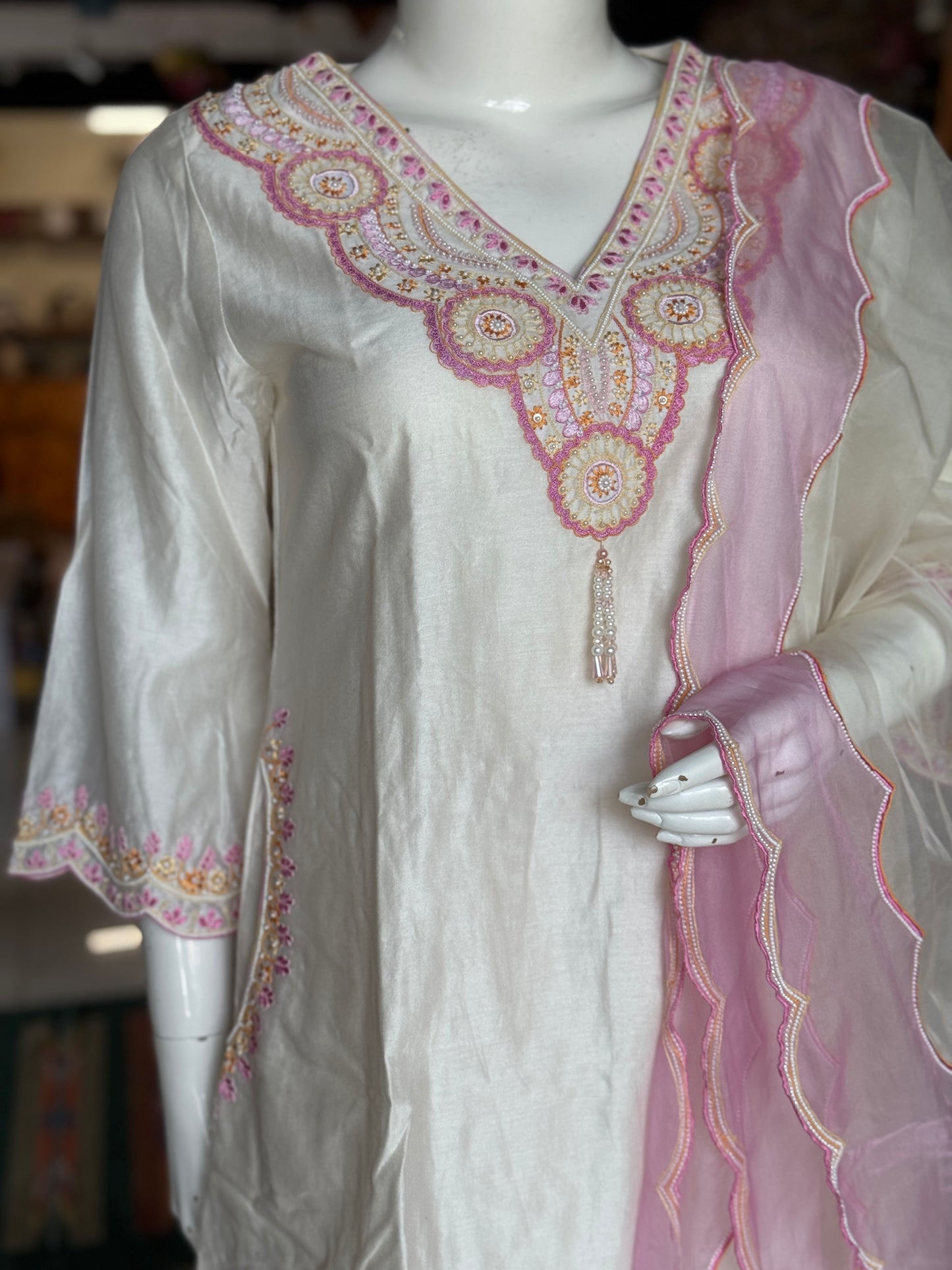 Off white silk cotton embroidered kurta, tulip pants and organza dupatta - 3 piece set